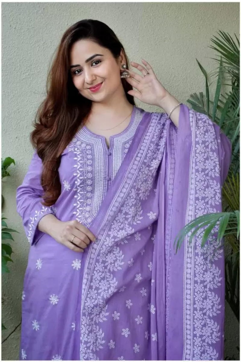 BHARVITA Women's Cotton Embroidered Chikankari Work Straight Kurta Dupatta Pant Set (in, Alpha, M, Violet) - Image 5