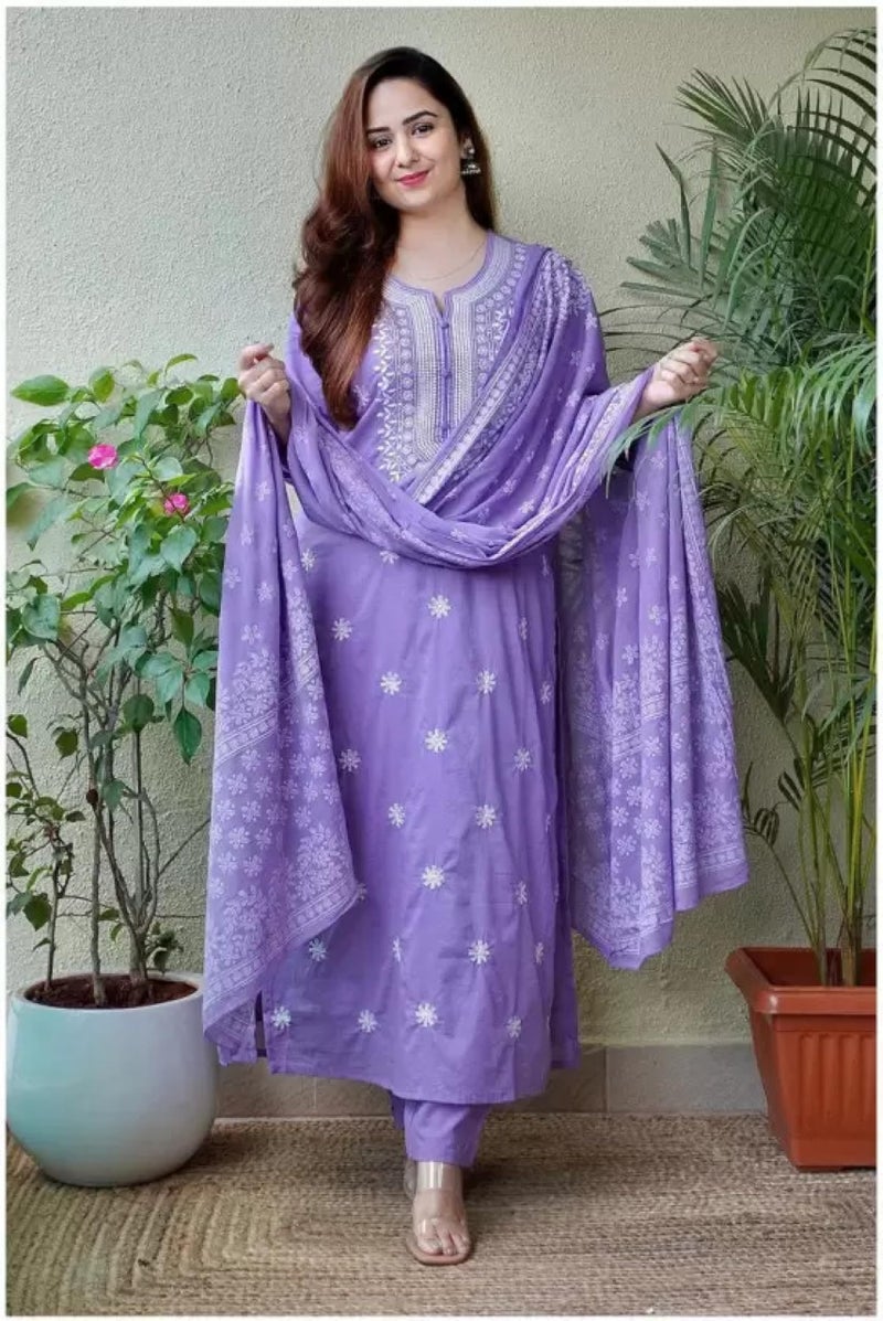 BHARVITA Women's Cotton Embroidered Chikankari Work Straight Kurta Dupatta Pant Set (in, Alpha, M, Violet) - Image 4