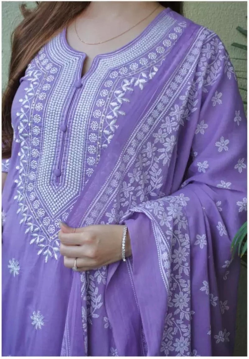 BHARVITA Women's Cotton Embroidered Chikankari Work Straight Kurta Dupatta Pant Set (in, Alpha, M, Violet) - Image 3