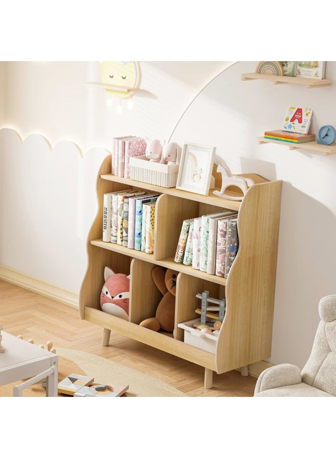 Treocho Kids Bookshelf and Toy Storage Orangizer, 3-Tier Wooden Children's Bookcase with Curve Design, 5 Toy Storage Cabinet Display with Legs for Children's Room, Playroom, School, Natural - Image 3