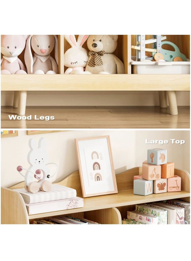 Treocho Kids Bookshelf and Toy Storage Orangizer, 3-Tier Wooden Children's Bookcase with Curve Design, 5 Toy Storage Cabinet Display with Legs for Children's Room, Playroom, School, Natural - Image 5
