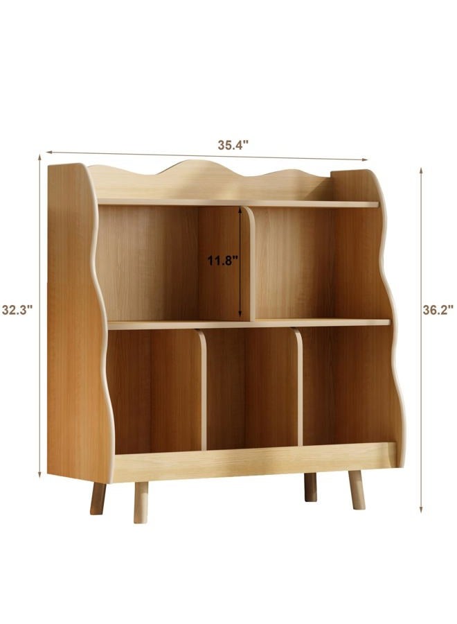 Treocho Kids Bookshelf and Toy Storage Orangizer, 3-Tier Wooden Children's Bookcase with Curve Design, 5 Toy Storage Cabinet Display with Legs for Children's Room, Playroom, School, Natural - Image 2