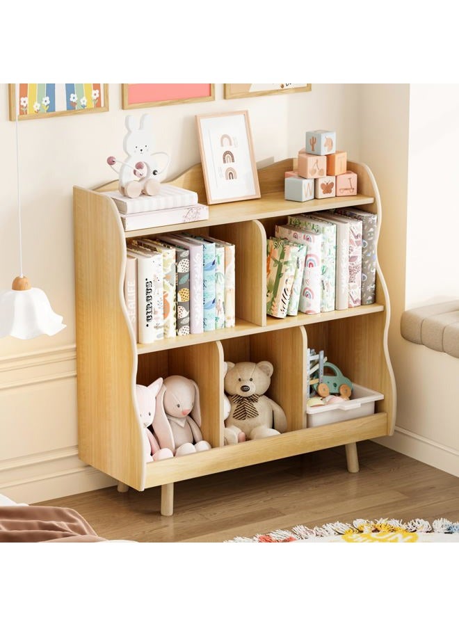 Treocho Kids Bookshelf and Toy Storage Orangizer, 3-Tier Wooden Children's Bookcase with Curve Design, 5 Toy Storage Cabinet Display with Legs for Children's Room, Playroom, School, Natural - Image 1