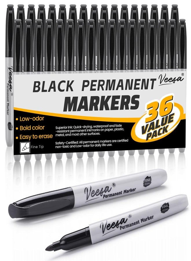 VEESA Permanent Markers Fine Tip, Black, 36 Pack Waterproof, Smear Proof, Quick Drying Permanent Marker Pens for Office, School, Home - Image 1