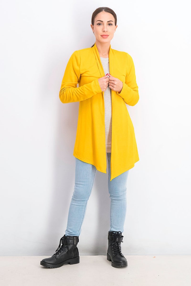 MIX Women Plain Split Neck Long Sleeve Cardigan, Mustard - Image 3