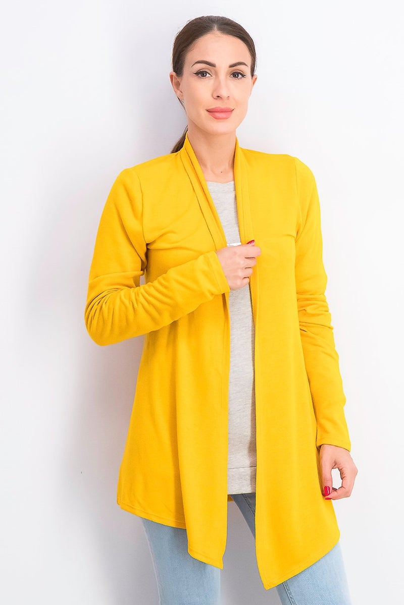 MIX Women Plain Split Neck Long Sleeve Cardigan, Mustard - Image 1