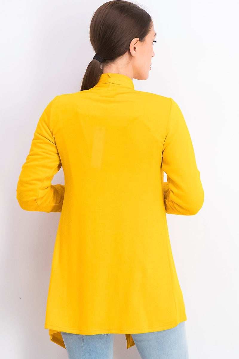 MIX Women Plain Split Neck Long Sleeve Cardigan, Mustard - Image 2