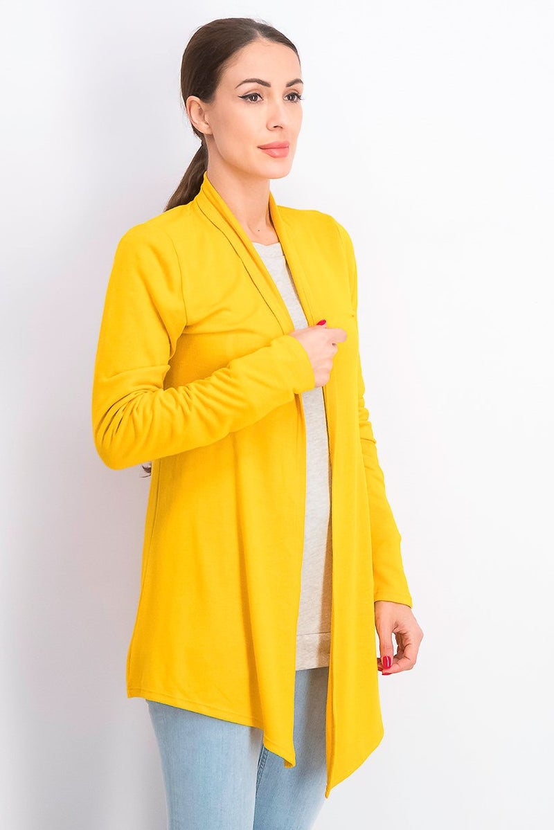 MIX Women Plain Split Neck Long Sleeve Cardigan, Mustard - Image 4