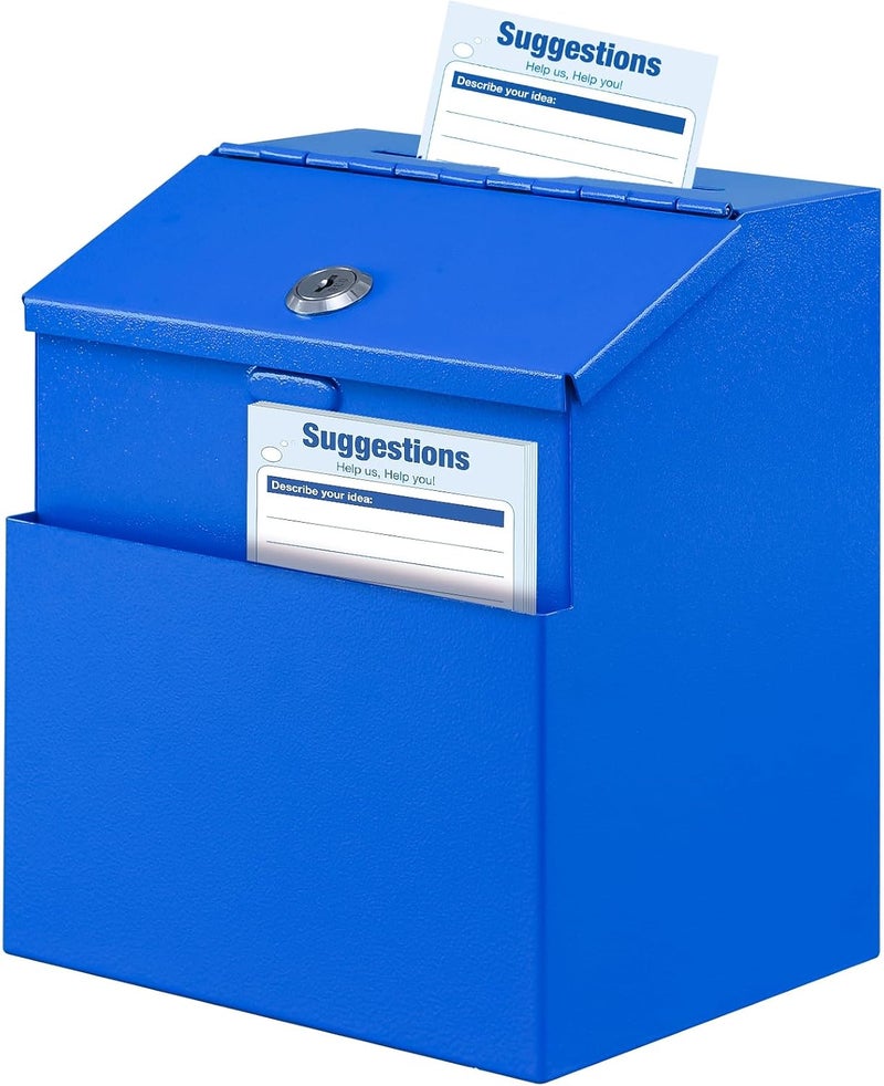 KYODOLED Suggestion Box with Lock, Metal Wall Mounted Donation and Ballot Drop Box with Slot & 2 Keys, 50 Free Suggestion Cards, 8H x 5.7W x 7L Inch, Blue - Image 1