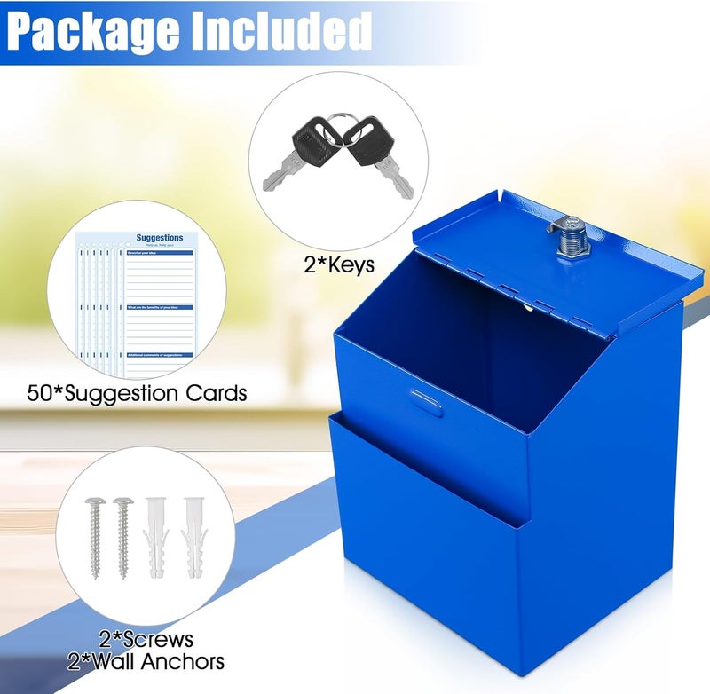 KYODOLED Suggestion Box with Lock, Metal Wall Mounted Donation and Ballot Drop Box with Slot & 2 Keys, 50 Free Suggestion Cards, 8H x 5.7W x 7L Inch, Blue - Image 3