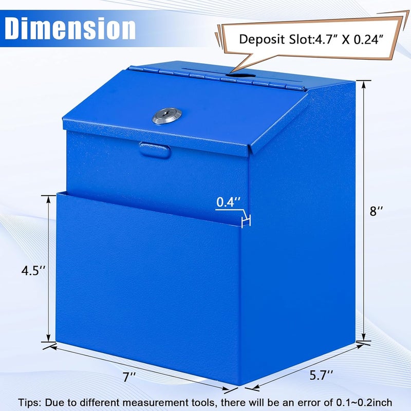 KYODOLED Suggestion Box with Lock, Metal Wall Mounted Donation and Ballot Drop Box with Slot & 2 Keys, 50 Free Suggestion Cards, 8H x 5.7W x 7L Inch, Blue - Image 2
