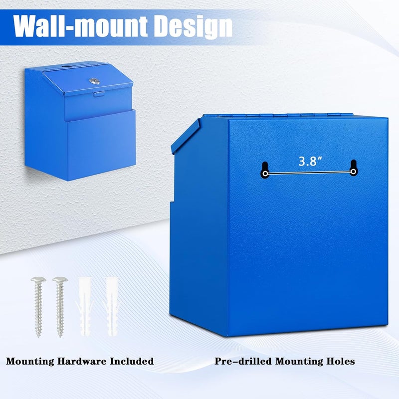 KYODOLED Suggestion Box with Lock, Metal Wall Mounted Donation and Ballot Drop Box with Slot & 2 Keys, 50 Free Suggestion Cards, 8H x 5.7W x 7L Inch, Blue - Image 5