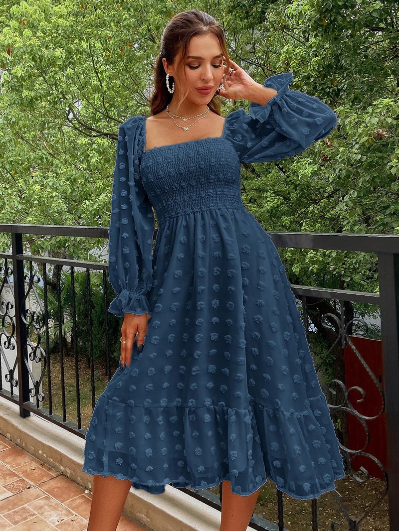 Amegoya Women's Elegant Square Neck Long Sleeve Formal Dress Fall Swiss Dot Modest Smocked Midi Wedding Guest Dress (Dusty Blue L) - Image 2