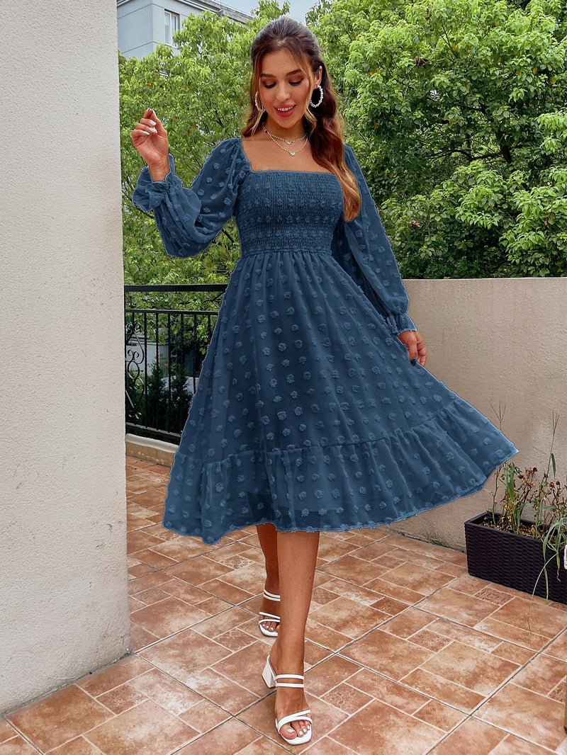Amegoya Women's Elegant Square Neck Long Sleeve Formal Dress Fall Swiss Dot Modest Smocked Midi Wedding Guest Dress (Dusty Blue L) - Image 5