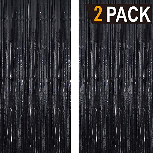 GOER 6.4 ft x 9.8 ft Metallic Tinsel Foil Fringe Curtains,Pack of 2 Party Streamer Backdrop for Birthday,Graduation Decorations and New Year Eve (Black) - Image 2