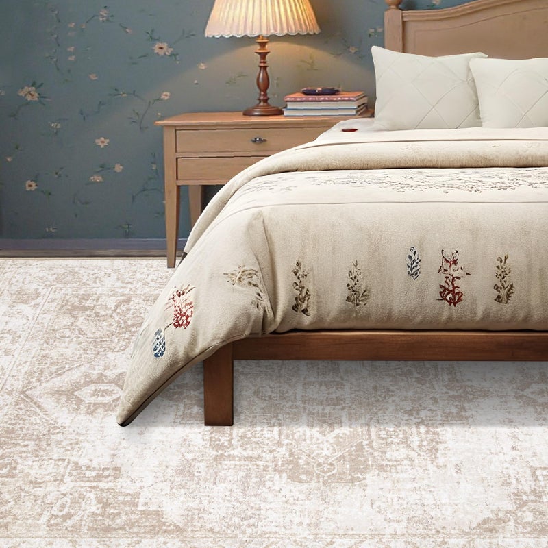 Zomfy Area Rug 6x9 Vintage Rug: Washable Indoor Medallion Rugs Low Pile Distressed Floor Carpet Retro Accent Rug for Living Room Bedroom Kitchen Dining Table Home Office(Beige, 6'x9') - Image 3