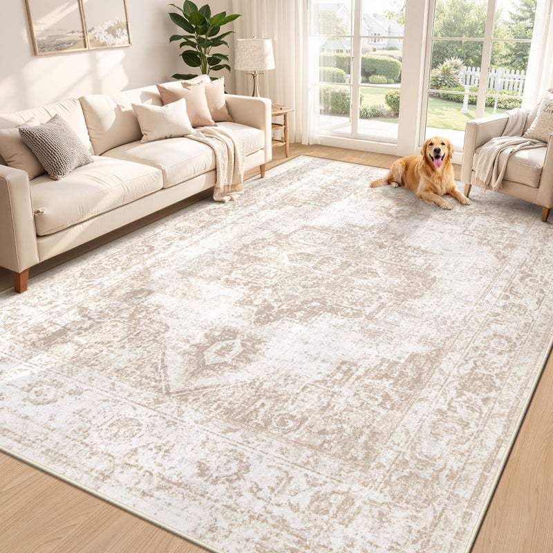 Zomfy Area Rug 6x9 Vintage Rug: Washable Indoor Medallion Rugs Low Pile Distressed Floor Carpet Retro Accent Rug for Living Room Bedroom Kitchen Dining Table Home Office(Beige, 6'x9') - Image 1