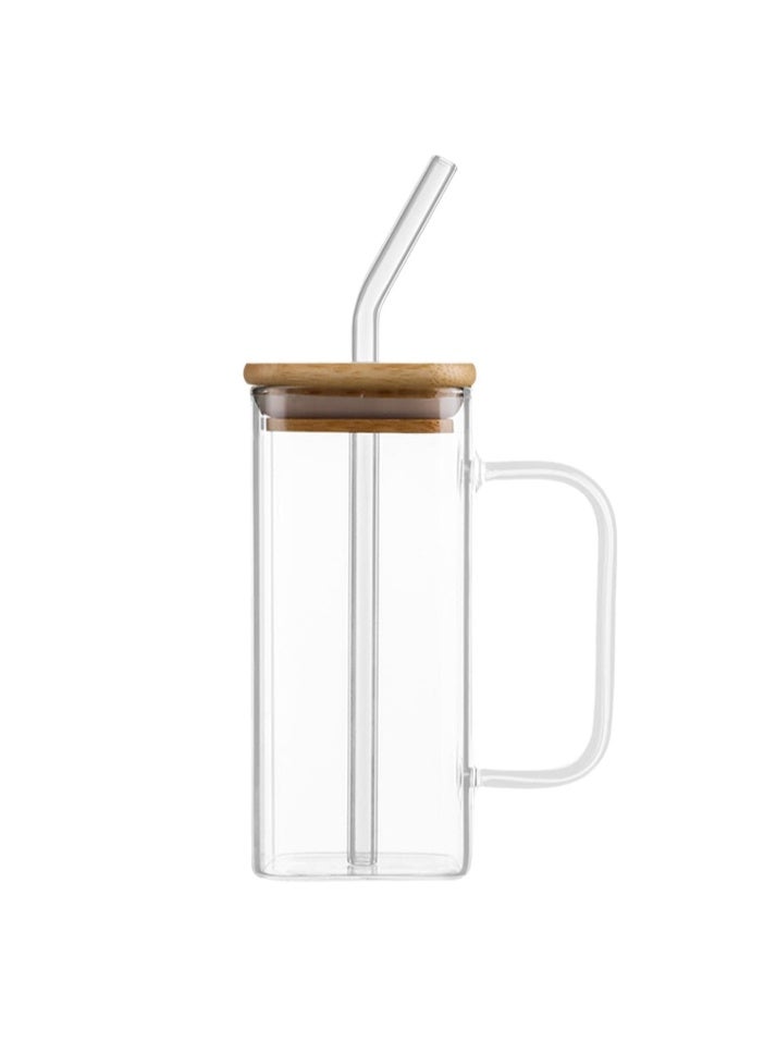 Glass mug, with handle and wooden lid, drinking glass, square glass drinkware, for juice, milk and travel parties. - Image 1