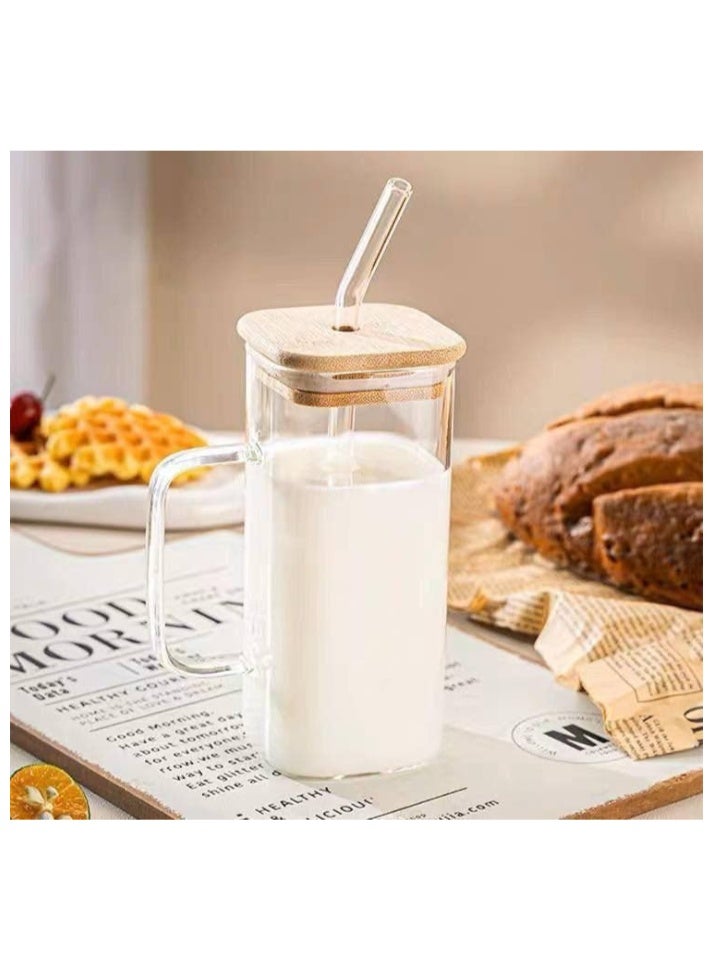 Glass mug, with handle and wooden lid, drinking glass, square glass drinkware, for juice, milk and travel parties. - Image 4