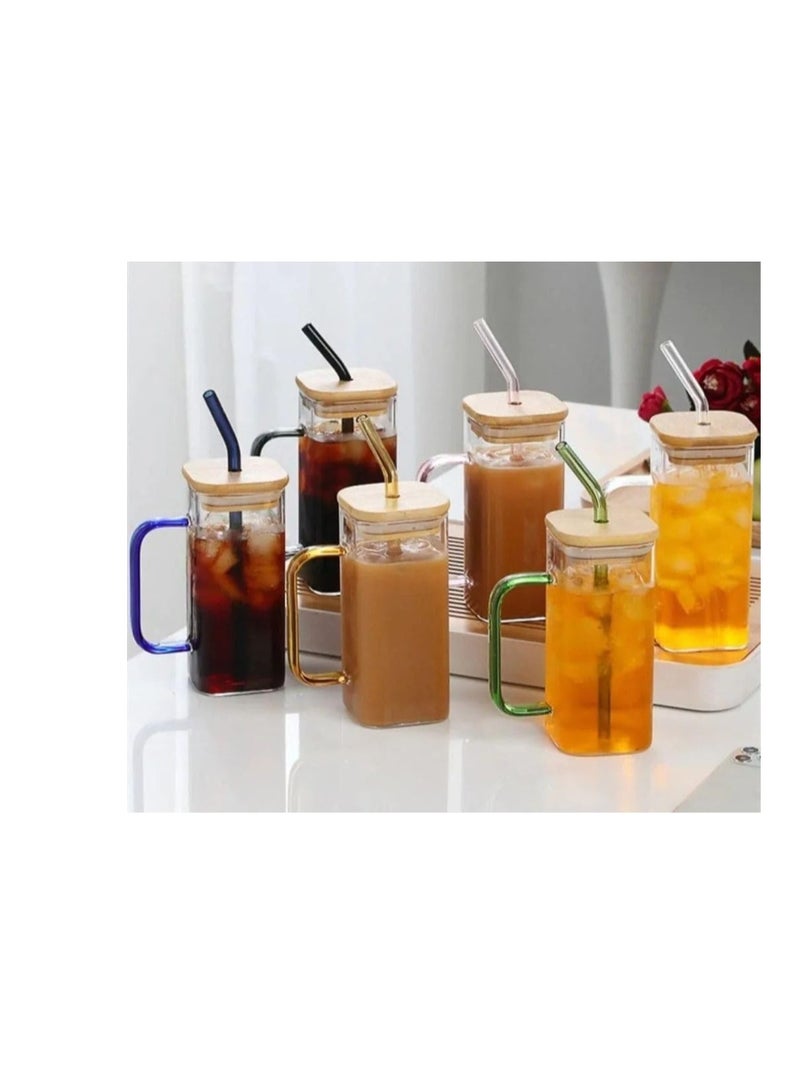 Glass mug, with handle and wooden lid, drinking glass, square glass drinkware, for juice, milk and travel parties. - Image 2