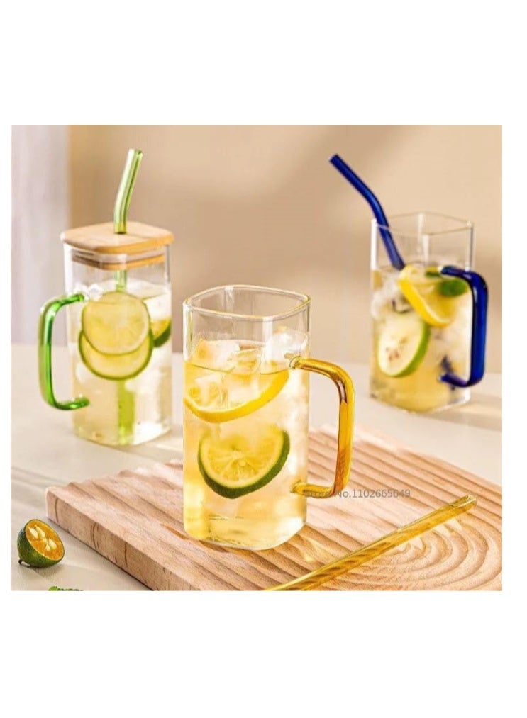 Glass mug, with handle and wooden lid, drinking glass, square glass drinkware, for juice, milk and travel parties. - Image 3