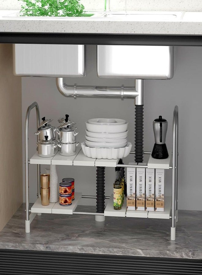 INOVERA (LABEL) 2 Tier Pool Space Under Sink Storage Organizer - Adjustable Kitchen Rack Holder - Expandable Cabinet Shelf (White) - Image 1