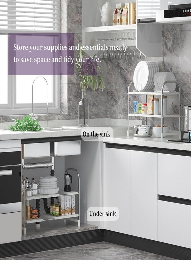 INOVERA (LABEL) 2 Tier Pool Space Under Sink Storage Organizer - Adjustable Kitchen Rack Holder - Expandable Cabinet Shelf (White) - Image 5
