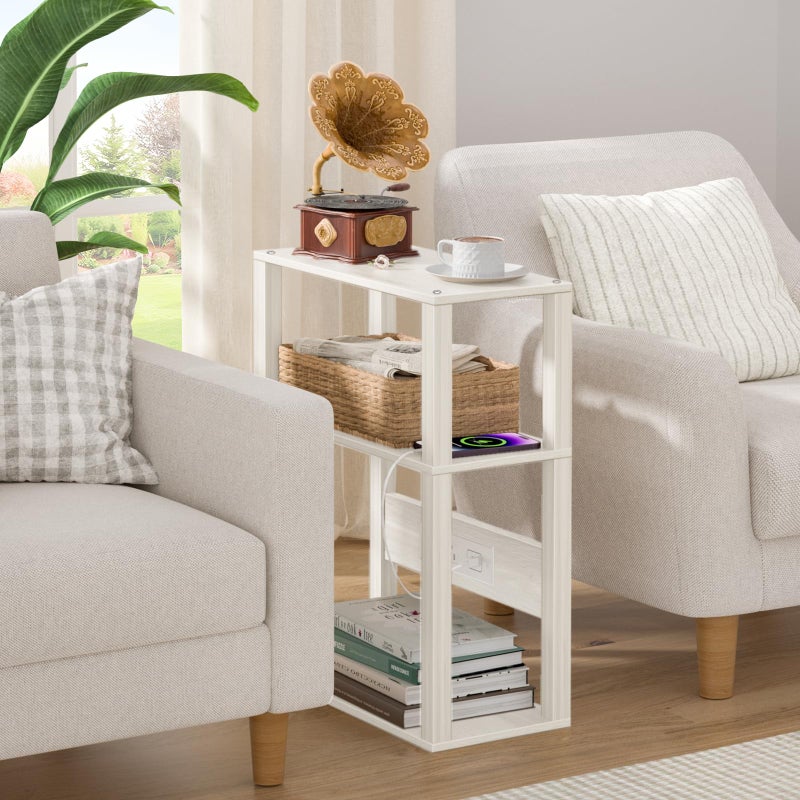 YUFAM 3-Tier Small Narrow Wood Side Table with Charging Station, Skinny Nightstand for Small Space, Slim Bedside Table with Storage for Couch, Thin End Table with USB Ports and Outlets, Grey White - Image 4