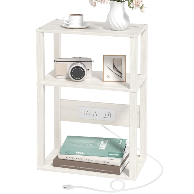 YUFAM 3-Tier Small Narrow Wood Side Table with Charging Station, Skinny Nightstand for Small Space, Slim Bedside Table with Storage for Couch, Thin End Table with USB Ports and Outlets, Grey White - Image 1