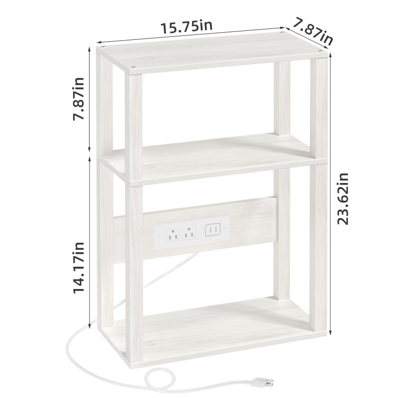 YUFAM 3-Tier Small Narrow Wood Side Table with Charging Station, Skinny Nightstand for Small Space, Slim Bedside Table with Storage for Couch, Thin End Table with USB Ports and Outlets, Grey White - Image 2