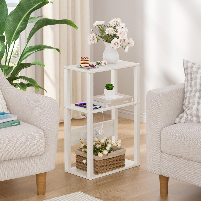 YUFAM 3-Tier Small Narrow Wood Side Table with Charging Station, Skinny Nightstand for Small Space, Slim Bedside Table with Storage for Couch, Thin End Table with USB Ports and Outlets, Grey White - Image 3