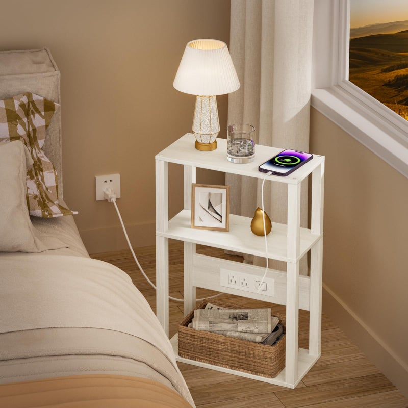 YUFAM 3-Tier Small Narrow Wood Side Table with Charging Station, Skinny Nightstand for Small Space, Slim Bedside Table with Storage for Couch, Thin End Table with USB Ports and Outlets, Grey White - Image 5