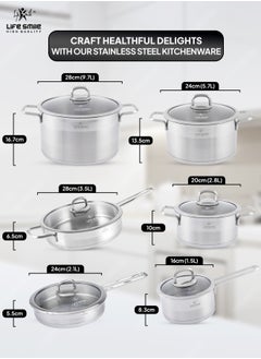 Life Smile Cookware Set 12 Pieces - Pure 18/10 Stainless Steel Cooking Set - Induction Base Pots and Pans Set - Non-Toxic, 100% PFOA, PTFE & PFOS Free - Oven Safe Kitchen Cookware Sets (Silver)  - Image 2