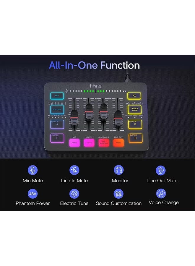 FIFINE Gaming Audio Mixer,Streaming 4-Channel RGB Mixer with XLR Microphone Interface,for Game Voice,Podcast,AmpliGame SC3 - Image 4