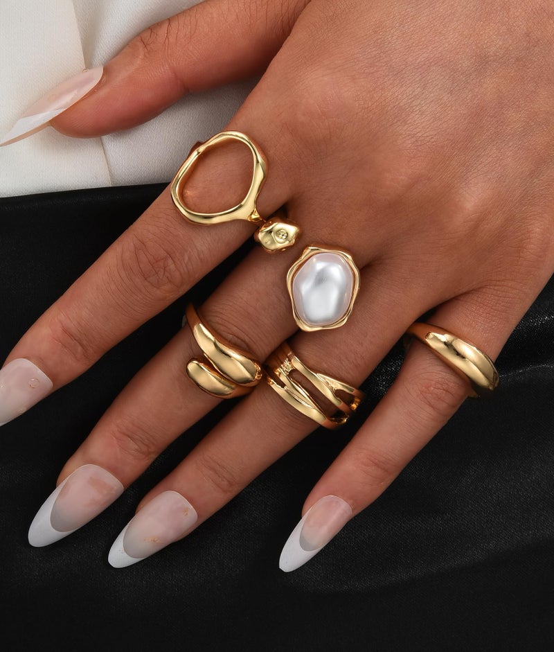YEEZII 20 Pcs Gold Ring Set for Women, Chunky Statement Flower Finger Midi Rings, Big Boho Stacking Rings Pack Trendy Stuff Jewelry Gift (Gold-B-5Pcs) - Image 5