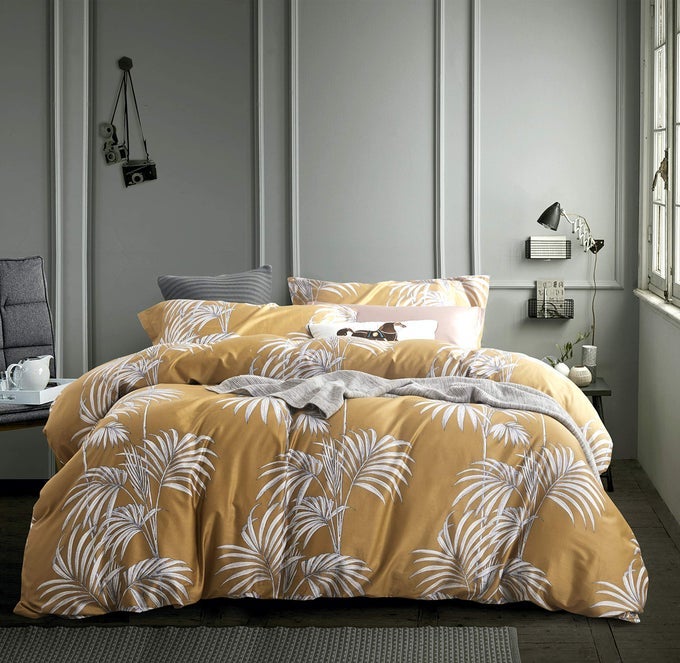 MODERN VINTAGE RETRO MOD PRINT BEDDING EGYPTIAN COTTON DUVET COVER SET MINIMALIST CHIC BOTANICAL DESIGN ASIAN ZEN STYLE REVERSIBLE PATTERN IN FULL QUEEN OR KING SIZE KING MUSTARD YELLOW