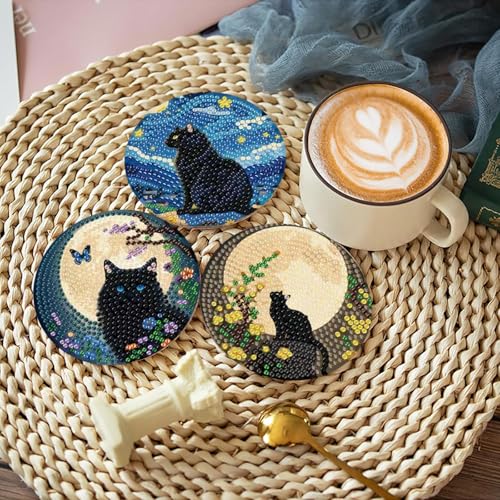 askkqtx 8 Pcs Black Cat Diamond Art Coasters Kits with Holder, Starry Moon Diamond Painting Coasters Kits for Adults, DIY 5D Diamond Dots Small Mini Kit Full Drill Art Craft Supplies 4X4 Inch - Image 2