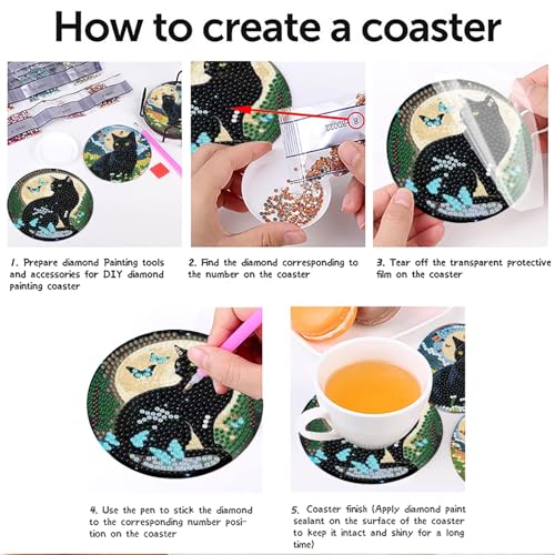 askkqtx 8 Pcs Black Cat Diamond Art Coasters Kits with Holder, Starry Moon Diamond Painting Coasters Kits for Adults, DIY 5D Diamond Dots Small Mini Kit Full Drill Art Craft Supplies 4X4 Inch - Image 5