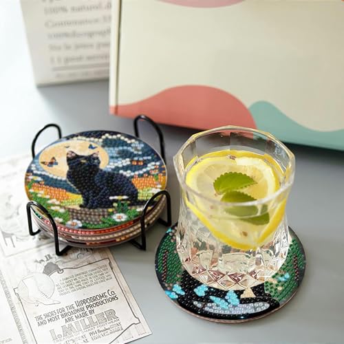 askkqtx 8 Pcs Black Cat Diamond Art Coasters Kits with Holder, Starry Moon Diamond Painting Coasters Kits for Adults, DIY 5D Diamond Dots Small Mini Kit Full Drill Art Craft Supplies 4X4 Inch - Image 3
