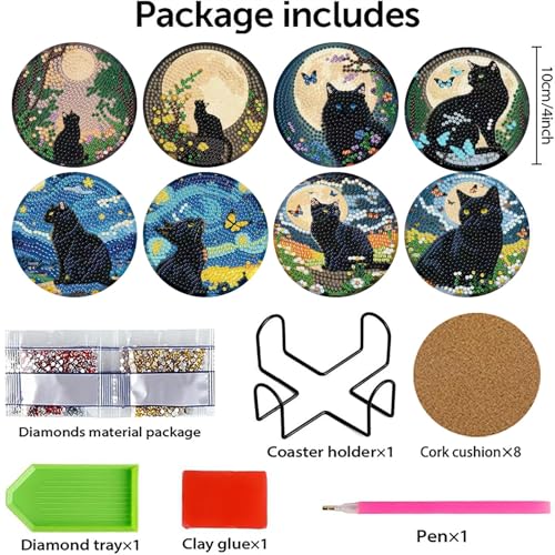askkqtx 8 Pcs Black Cat Diamond Art Coasters Kits with Holder, Starry Moon Diamond Painting Coasters Kits for Adults, DIY 5D Diamond Dots Small Mini Kit Full Drill Art Craft Supplies 4X4 Inch - Image 4