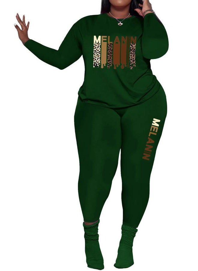 PINSV Women's Plus Size 2 Piece Outfits Tracksuits Long Sleeve Top Pants Sets Sweatsuit, Green Print, 4XL Plus - Image 1