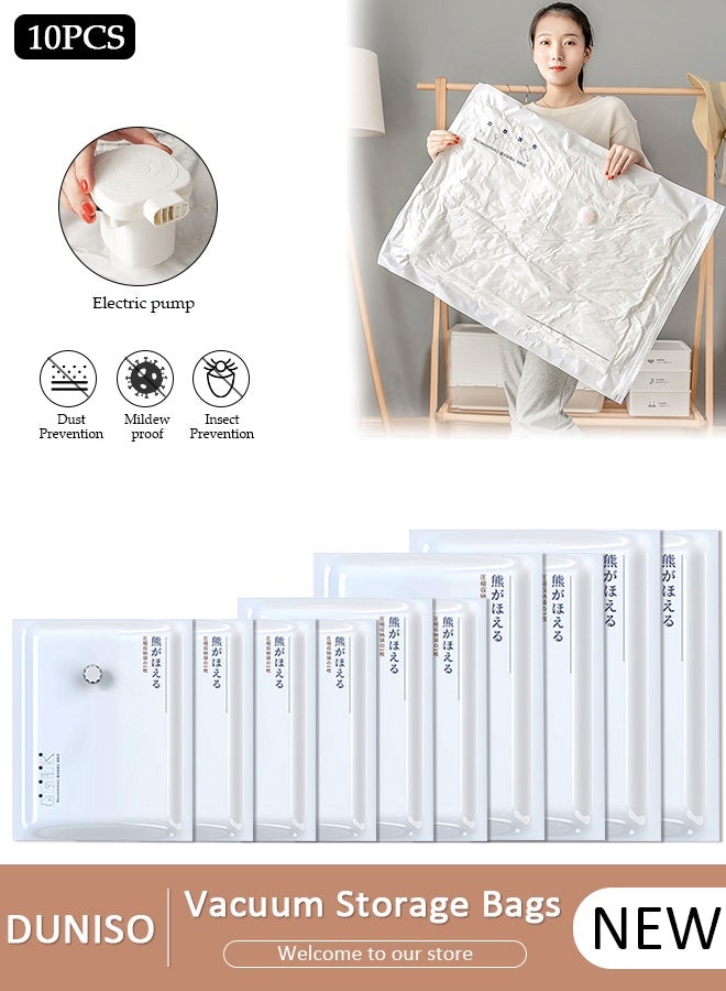DUNISO Vacuum Storage Bags with Electric Pump- Pack of 10 (2 Jumbo + 2 Large + 2 Medium + 4 Small) Reusable Compression Bags Space Saver for Packing, Clothes, Comforters , Blankets - Image 1