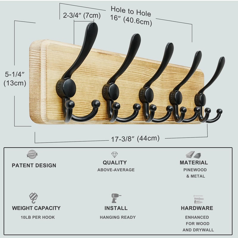 Dseap Coat Rack Wall Mounted - 5 Tri Hooks, Heavy Duty, Wooden Wall Coat Hanger Coat Hook for Clothes Hat Jacket Clothing, Natural & Black - Image 5