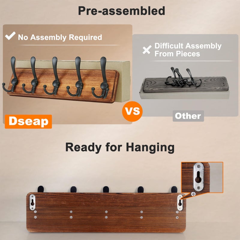 Dseap Coat Rack Wall Mounted - 5 Tri Hooks, Heavy Duty, Wooden Wall Coat Hanger Coat Hook for Clothes Hat Jacket Clothing, Natural & Black - Image 4