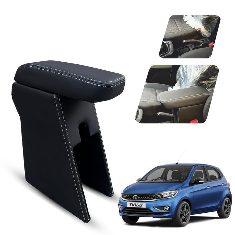 Carigiri Premium Finish Car Armrest with Storage Box And High Density Moulded Foam For Tata Tiago (Black With White Double Stitching,Nappa Leatherette) - Image 1