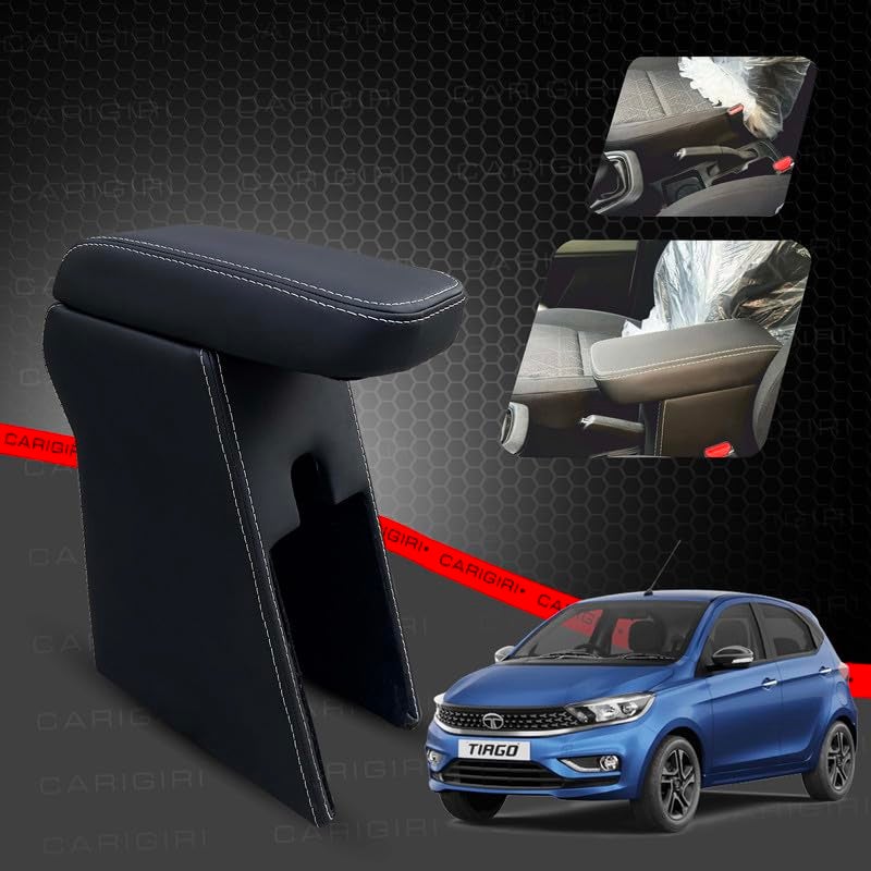 Carigiri Premium Finish Car Armrest with Storage Box And High Density Moulded Foam For Tata Tiago (Black With White Double Stitching,Nappa Leatherette) - Image 2