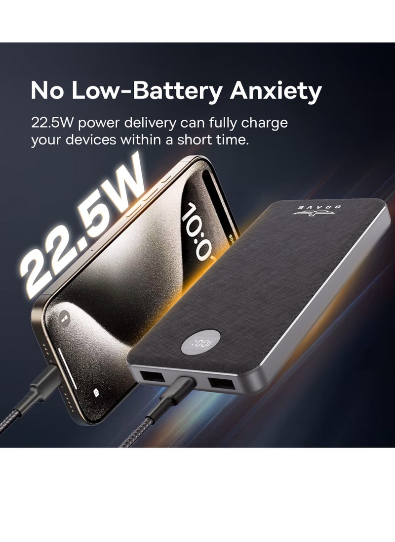 Brave - 10000mAh Slim USB-C Power Bank, 10000 mAh 22.5W Portable Charger with PD3.0 & QC3.0 Fast Charging, LED Display, High-Speed Charging Battery Pack for iPhone 16/15/14/13/12/11 Pro, Samsung S24/S23/S22, Google Pixel, LG, iPad, AirPods, Nintendo Switch & More Devices - Image 1