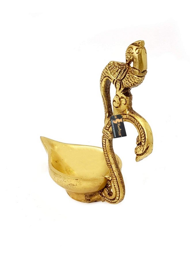 Two Moustaches Ethnic Curved Peacock Handle Design 5 Inches Brass Diya (Golden) - Image 2