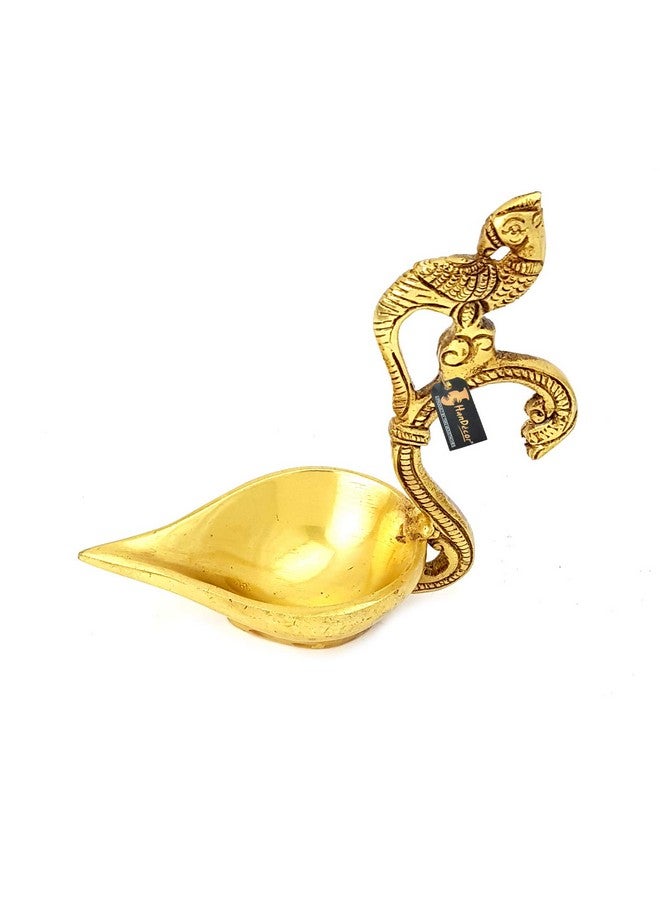 Two Moustaches Ethnic Curved Peacock Handle Design 5 Inches Brass Diya (Golden) - Image 1