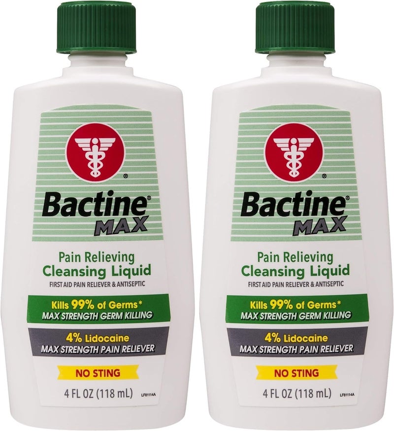 Bactine MAX Pain Relieving Cleansing Liquid with Lidocaine, First Aid Pain + Itch Relief, Kills 99% of Germs*, 4oz 2 Pack